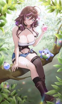 1girl absurdres arm_belt asymmetrical_legwear belt belt_collar black_collar blue_eyes blue_shorts boots breasts brown_boots brown_corset brown_hair cleavage closed_mouth collar collarbone corset ella_7737 eyelashes flask flower frills hair_flower hair_ornament highres holding holding_potion indie_virtual_youtuber large_breasts mole mole_under_eye mole_under_mouth multicolored_hair multiple_moles on_branch parsley_(sugi_aoki) pink_flower pink_hair potion round-bottom_flask second-party_source shadow short_shorts shorts single_thighhigh smile streaked_hair sugi_aoki thigh_belt thigh_strap thighhighs tree virtual_youtuber white_flower yellow_flower