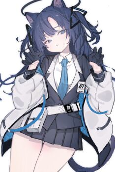 1girl animal_ears bare_legs blue_archive cat_ears cat_tail highres o_noshi_o school_uniform shirt simple_background solo tail twitter white_background white_shirt yuuka_(blue_archive)