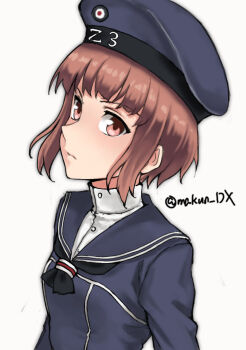 1girl black_neckerchief blue_dress blue_hat blue_sailor_collar brown_eyes brown_hair clothes_writing dress hat highres kantai_collection looking_at_viewer maakun_(makun_dx) neckerchief one-hour_drawing_challenge sailor_collar sailor_hat short_hair simple_background solo twitter_username white_background z3_max_schultz_(kancolle)