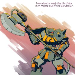 Rule 34 | axe, character name, commentary, english commentary, english text, gundam, holding, holding axe, mecha, mobile suit, mobile suit gundam, n647, no humans, one-eyed, red eyes, robot, science fiction, shoulder spikes, spikes, zaku ii, zeon