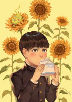 1boy black_eyes black_hair black_jacket blunt_bangs blush commentary drinking ekubo_(mob_psycho_100) english_commentary flower gakuran holding holding_milk_carton jacket kageyama_shigeo long_sleeves looking_up lydialing_draws male_focus milk_carton mob_psycho_100 school_uniform short_hair solo_focus sunflower upper_body yellow_background
