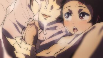 1boy 1girl aftersex age_difference blush clothed_female_nude_male cum erection funhentaiparody handjob hetero highres incest kamado_kie kamado_tanjirou kimetsu_no_yaiba masturbation mother_and_child mother_and_son nude parent_and_child penis penis_grab shota size_difference smile source_request tomboy uncensored