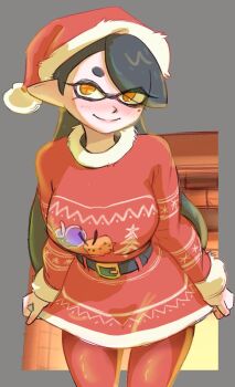 +_+ 1girl belt black_belt black_hair blush breasts callie dress hat large_breasts long_hair looking_at_viewer mole mole_under_eye nintendo pantyhose, pointy_ears santa_hat smile solo splatoon_(series) sweater sweater_dress symbol-shaped_pupils tentacle_hair yellow_eyes