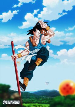 black_eyes black_hair dragon_ball dragon_ball_(object) ending flying goodbye highres master_and_pupil ruyi_jingu_bang son_goku tagme uub