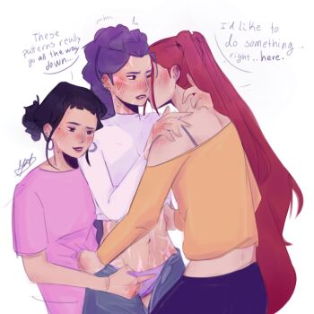 Rule 34 | 3girls, black hair, blush, body markings, commentary, dutch braided ponytail, earrings, english text, h1tsdifferent, hair bun, highres, hoop earrings, jewelry, kiss, kpop demon hunters, long hair, mira (kpop demon hunters), multiple girls, navel, open fly, panties, pink shirt, purple hair, purple panties, rumi (kpop demon hunters), shirt, signature, symbol-only commentary, two side up, underwear, very long hair, white shirt, yellow shirt, yuri, zoey (kpop demon hunters)