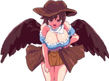 1girl bandana bandana_around_neck blue_shirt breasts brown_hat brown_wings chups cleavage commentary_request cowboy_hat hat kurokoma_saki large_breasts looking_at_viewer off-shoulder_shirt off_shoulder one-hour_drawing_challenge orange_skirt red_eyes shirt short_hair simple_background skirt smile solo touhou transparent_background white_bandana wings