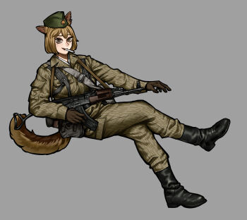 1girl absurdres ak-74 akm akms aks-74 animal_ears assault_rifle black_boots blonde_hair boots brown_gloves brown_jacket brown_pants cigarette collared_jacket commentary commission east_germany freckles from_side garrison_cap gloves green_hat grey_background grey_eyes gun gun_sling hat highres holding holding_gun holding_weapon invisible_chair jacket kalashnikov_rifle long_sleeves looking_at_viewer military military_hat military_uniform mpi-kms original pants pants_tucked_in pocket remora25 rifle short_hair simple_background sitting solo strichtarn tail weapon