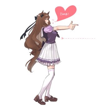 1girl animal_ears blush bow bowtie breasts brown_hair brown_shoes chikabe closed_eyes commentary_request dotted_line ear_bow english_text finger_gun full_body hair_between_eyes heart highres horse_ears horse_girl horse_tail large_breasts long_hair maruzensky_(umamusume) open_mouth pleated_skirt puffy_short_sleeves puffy_sleeves purple_bow purple_bowtie purple_shirt sailor_collar sailor_shirt school_uniform shirt shoes short_sleeves simple_background skirt smile solo speech_bubble standing tail thighhighs tracen_school_uniform twitter_username umamusume white_background white_sailor_collar white_skirt white_thighhighs