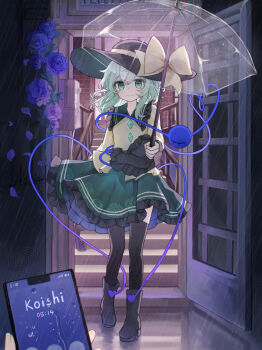 1girl 1other absurdres black_boots black_hat black_thighhighs blue_flower blue_rose boots bow cellphone chinese_commentary closed_mouth collared_shirt commentary door floral_print floral_print_skirt flower frilled_shirt_collar frilled_skirt frilled_sleeves frills full_body green_eyes green_hair green_skirt hat hat_bow hat_ribbon heart heart_of_string highres holding holding_phone holding_umbrella koishi_day komeiji_koishi long_hair long_sleeves looking_at_viewer open_door phone print_skirt rain ribbon rose shirt skirt smartphone smile solo_focus stairs standing thighhighs third_eye timestamp touhou transparent transparent_umbrella umbrella water_drop white_shirt yellow_background yellow_ribbon yellow_shirt yuuneka