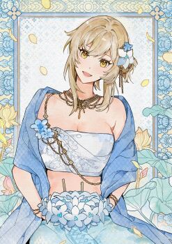 1girl absurdres alternate_costume bandeau blonde_hair blue_shawl blue_skirt bracelet breasts chain commentary commentary_request cowboy_shot english_commentary floral_background flower genshin_impact gold_chain gold_necklace hair_flower hair_ornament head_tilt highres holding holding_flower jewelry looking_at_viewer lumine_(genshin_impact) medium_breasts mixed-language_commentary necklace open_mouth quinny_il shawl short_hair_with_long_locks sidelocks skirt solo thai_clothes thai_commentary white_bandeau yellow_eyes