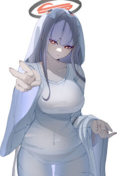 1girl absurdres black_hair blue_archive breasts commentary_request covered_navel ghost_costume halo highres hipo4333 large_breasts long_hair looking_at_viewer red_eyes ringed_eyes rio_(blue_archive) simple_background solo v veil white_background
