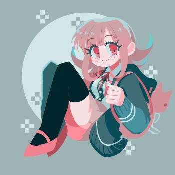 Rule 34 | 1girl, animal bag, aqua sweater, blush, cat bag, collared shirt, danganronpa (series), danganronpa 2: goodbye despair, mary janes, nanami chiaki, pink hair, pink ribbon, pink shoes, projecttiger, red eyes, ribbon, shirt, shoes, sweater
