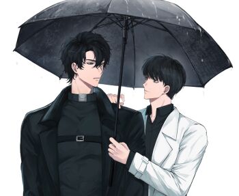 Rule 34 | 2boys, belt collar, black coat, black eyes, black hair, black shirt, chest belt, coat, collar, collared shirt, commentary, english commentary, guomukaoya97, hand on another's shoulder, highres, holding, holding umbrella, kim dokja, looking at another, male focus, multiple boys, omniscient reader's viewpoint, open clothes, open coat, rain, shirt, short hair, smile, umbrella, upper body, white coat, yoo joonghyuk