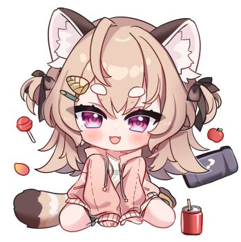 Rule 34 | 1girl, animal ear fluff, apple, bow, brown bow, brown hair, can, candy, chibi, chocola vt, chupa chups, double-parted bangs, drink can, food, fruit, hair ornament, hairclip, handheld game console, hashtag-only commentary, highres, hood, hooded jacket, jacket, komachi panko, komachi panko (4th costume), lollipop, looking at viewer, medium hair, official alternate costume, official alternate hair length, official alternate hairstyle, open mouth, phase connect, pink eyes, pink jacket, red panda ears, red panda girl, red panda tail, shirt, shorts, simple background, sitting, sleeves past wrists, smile, soda can, solo, thick eyebrows, virtual youtuber, white background, white shirt, yokozuwari