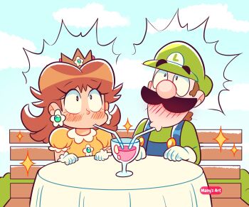 1boy 1girl bench blue_overalls blush brown_hair crown dress drinking drinking_straw earrings facial_hair flower_earrings full-face_blush gloves green_headwear hat highres jewelry long_hair looking_at_another luigi manysart1 mario_(series) mustache nintendo nose_blush outdoors overalls princess_daisy puffy_short_sleeves puffy_sleeves shirt short_sleeves sitting sky sparkle spitting white_gloves yellow_dress