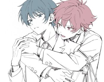 Rule 34 | 2boys, ace trappola, arm up, armband, blue hair, buttoned cuffs, buttons, collared shirt, deuce spade, dot nose, facial mark, gloves, grey eyes, hand on another's hand, heart, heart facial mark, iceee63, layered sleeves, long sleeves, looking to the side, male focus, multiple boys, night raven college school uniform, open mouth, parted hair, parted lips, red eyes, red hair, school uniform, shirt, sideways glance, simple background, spade (shape), spade facial mark, twisted wonderland, upper body, white background, wing collar