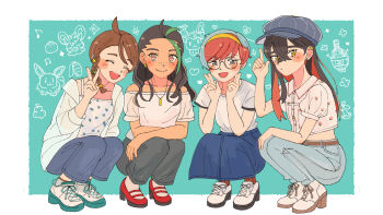 4girls :d ahoge alternate_costume amulet_coin aoaoe_2 apple apple_core bare_shoulders berry_(pokemon) black_hair blue_hair blue_hat blue_pants blush braid brown_eyes brown_hair brown_socks carmine_(pokemon) casual closed_eyes closed_mouth collarbone commentary_request dark-skinned_female dark_skin denim dot_mouth double_v eevee eyelashes food freckles fruit full_body gen_1_pokemon gen_6_pokemon glasses green_hair grey_eyes grey_pants hair_down hat heart high_heels highres index_finger_raised jacket jeans jewelry juliana_(pokemon) leftovers_(pokemon) long_hair long_sleeves multicolored_hair multiple_girls musical_note necklace nemona_(pokemon) nintendo open_clothes open_jacket open_mouth oran_berry pants pawmot penny_(pokemon) pokemon pokemon_sv puffy_short_sleeves puffy_sleeves red_hair red_shoes round_eyewear shirt shoelaces shoes short_hair short_sleeves single_braid sinistcha sitrus_berry smile socks squatting sylveon teeth two-tone_hair upper_teeth_only v very_short_hair white_jacket white_shirt white_shoes white_socks yellow_eyes