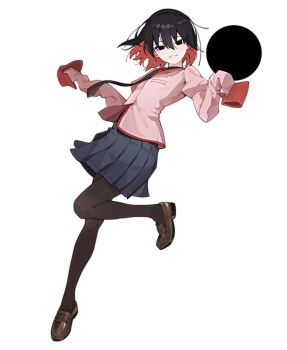 1girl absurdres anomarasu black_eyes black_pantyhose bob_cut empty_eyes full_body highres loafers looking_at_viewer monogatari_(series) multicolored_hair naoetsu_high_school_uniform oshino_ougi pantyhose red_hair school_uniform shoes short_hair skirt sleeves_past_fingers sleeves_past_wrists smile solo the_darkness_(monogatari) two-tone_hair