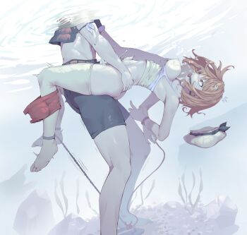 1boy 1girl absurdres arched_back arms_behind_back asphyxiation ass atelier_(series) atelier_ryza bad_id bad_pixiv_id ball_gag barefoot bdsm blouse blush bondage bound bound_ankles bound_arms bound_legs bound_wrists braid breasts brown_eyes brown_hair captured chain crying cuffs cum cumdrip drowning gag gagged game-over grabbing_another's_breast groping hair_ornament hairclip hat hetero highres medium_breasts nipples rape reisalin_stout rope rou_(rou22) sex shirt short_hair short_shorts shorts side_braid slave stirrup_legwear tears thighhighs thighs toeless_legwear underwater vaginal white_shirt wide-eyed