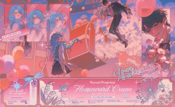 1boy 1girl aircraft airplane apple asymmetrical_bangs balloon barcode bird black_bow black_jacket black_shoes blue_bird blue_bow blue_hair blush bouquet bow bowtie braid brown_sweater_vest brown_vest buttons cha_pu closed_mouth cloud collared_shirt colored_eyelashes commission couple cowboy_shot eyelashes ferris_wheel floating_hair flower food fruit full_body grin groom happy hetero highres holding holding_bouquet jacket lapels leaf lily_of_the_valley long_hair long_sleeves looking_at_another looking_up mihuashi_commission multiple_views notched_lapels open_mouth original outdoors pants parted_bangs pink_flower pleated_skirt profile purple_eyes shirt shoes short_hair skirt smile socks standing sunset sweater_vest ticket vest watermark white_shirt white_socks wind yellow_eyes