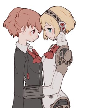 Rule 34 | 2girls, absurdres, aigis (persona), android, aqua eyes, arms around waist, black jacket, black skirt, blonde hair, blush, bow, bowtie, breast press, brown hair, closed mouth, cowboy shot, earphones removed, from side, gekkoukan high school uniform, gold hairband, hairband, highres, jacket, joints, looking at another, multiple girls, parted lips, persona, persona 3, persona 3 portable, ponytail, profile, red bow, red bowtie, red eyes, robot ears, robot joints, school uniform, shiomi kotone, short hair, simple background, skirt, smile, standing, tbjj1208, white background, yuri