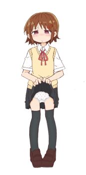 1girl :/ black_thighhighs blue_skirt blush brown_hair brown_shoes closed_mouth clothes_lift collared_shirt embarrassed female_focus flat_chest full_body hair_ornament hairclip half-closed_eyes hands_up large_variant_set lifting_own_clothes looking_at_viewer miniskirt neck_ribbon nose_blush original own_hands_together panties pigeon-toed pleated_skirt polka_dot polka_dot_panties ponnu_(tnpn2yw) red_eyes red_ribbon ribbon school_uniform shirt shoes short_hair short_sleeves sidelocks simple_background skirt skirt_lift solo standing sweater_vest thighhighs underwear variant_set vest white_background white_panties white_shirt yellow_vest