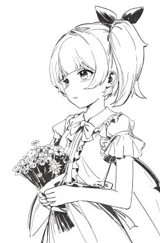 1girl absurdres alternate_costume bouquet bow bowtie commentary daiyousei dress fairy fairy_wings flower frilled_shirt_collar frills greyscale highres holding holding_bouquet monochrome open_mouth short_hair short_sleeves siyumu solo touhou wings