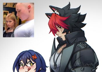 +_+ 1boy 1girl animal_ear_piercing animal_ears belle_(zenless_zone_zero) black_hair black_jacket blue_hair blush commentary dog_boy dog_ears english_commentary girl_staring_at_guy's_chest_(meme) green_eyes hair_ornament hairpin highres huge_pectorals jacket jewelry komano_manato large_pectorals meme multicolored_hair necklace pectoral_focus pectorals red_eyes red_hair scar scar_on_face shirt uzikowa white_shirt zenless_zone_zero