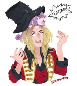 Rule 34 | 1boy, aqua eyes, artist name, black hat, blonde hair, braid, character name, collared shirt, commentary, cropped torso, dio (kyokugen dasshutsu), english commentary, eyelashes, fan request, fingernails, gen 1 pokemon, hat, joypandaah, kyokugen dasshutsu, kyokugen dasshutsu adv: zennin shibou desu, long sleeves, male focus, medium hair, mouse (animal), mouse on head, nintendo, on head, open mouth, pokemon, pokemon (creature), pokemon on head, rattata, red eyes, red shirt, shirt, simple background, speech bubble, teeth, top hat, tumblr ask, twin braids, white background