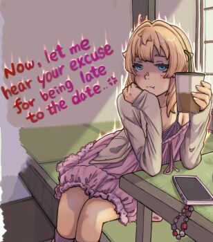 1boy alternate_costume anger_vein aura blonde_hair blue_eyes bridget_(guilty_gear) camisole cellphone commentary commentary_request cropped_legs cup elbow_rest elbows_on_table english_commentary english_text frilled_camisole frills frown guilty_gear hands_up head_rest highres holding holding_cup indoors legs_together long_sleeves looking_at_viewer male_focus off_shoulder phone pov_across_table smartphone solo sugajyun table trap unamused