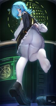 1girl absurdres alternate_breast_size_(larger) ass ass_focus black_jacket black_shoes blue_eyes blue_hair blue_nails blush closed_mouth clothes_lift commentary english_commentary feet hair_ornament hair_over_one_eye heart highres i.r.i.s._(wuthering_waves) jacket jacket_on_shoulders lifting_own_clothes long_sleeves looking_at_viewer medium_hair pantyhose presenting presenting_ass shirt shoes solo suraimuvmv white_pantyhose white_shirt wuthering_waves