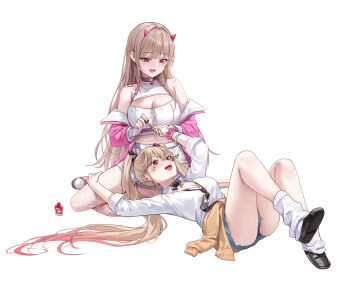 2girls absurdres applying_another's_manicure black_panties black_shoes blue_skirt breasts brown_hair brown_sweater cleavage clothes_around_waist commentary crop_top english_commentary fingerless_gloves fishnet_pantyhose fishnets gloves goddess_of_victory:_nikke highres horns jackal_(class_troublemaker)_(nikke) jackal_(nikke) jacket lap_pillow large_breasts leg_warmers long_hair multiple_girls official_alternate_costume panties pantyhose phusit pink_horns pink_jacket purple_eyes shoes simple_background skirt smile sweater sweater_around_waist twintails underwear very_long_hair viper_(nikke) white_background white_gloves white_leg_warmers white_skirt