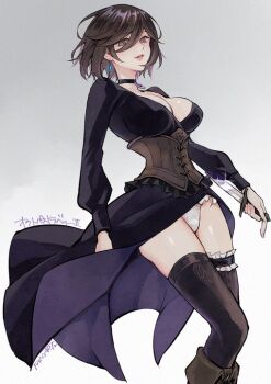 1girl black_choker black_thighhighs boots breasts brown_boots brown_corset brown_hair choker cleavage commentary corset crystal_earrings dagger dress earrings feet_out_of_frame glint grel_(r6hgvu5) hair_between_eyes holding holding_dagger holding_knife holding_weapon jewelry knife large_breasts long_sleeves looking_at_viewer medium_hair octopath_traveler octopath_traveler_ii panties parted_lips purple_dress reverse_grip simple_background solo symbol-only_commentary thighhighs throne_anguis underwear weapon white_background white_panties
