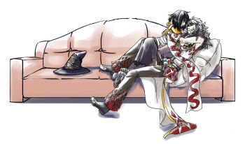 1boy 1girl argyle_clothes argyle_pants argyle_shirt assassin_(ragnarok_online) black-framed_eyewear black_hair black_hat brown_pants closed_mouth commentary_request couch couple detached_sleeves eye_print full_body grey_hair grey_shoes hand_on_another&#039;s_face hat hetero looking_at_another on_couch pants purple_shirt ragnarok_online shirt shoes short_hair simple_background sitting sleeveless sleeveless_shirt smile sorcerer_(ragnarok_online) toriria unworn_hat unworn_headwear white_background white_shirt white_sleeves witch_hat