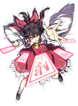Rule 34 | 1girl, ascot, black hair, bow, brown shoes, commentary, frilled hair tubes, frilled skirt, frills, frown, hair bow, hair tubes, hakurei reimu, highres, incoming attack, inuno rakugaki, motion lines, nontraditional miko, ofuda, red shirt, red skirt, ribbon-trimmed sleeves, ribbon trim, shirt, shoes, simple background, skirt, skirt set, socks, solo, touhou, white background, white socks, wide sleeves, yellow ascot