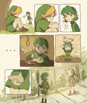 Rule 34 | 1boy, 1girl, belt, blonde hair, blue eyes, blush, bridge, brown belt, closed mouth, comic, fairy, green hair, green hairband, green hat, green shorts, green sweater, green tunic, hairband, hat, highres, instrument, link, looking at another, myon (myonninn), navi, nintendo, ocarina, pointy ears, profile, saria (zelda), shorts, sitting, suspension bridge, sweater, the legend of zelda, the legend of zelda: ocarina of time, tongue, tongue out, tunic, turtleneck, turtleneck sweater, twitter username, young link