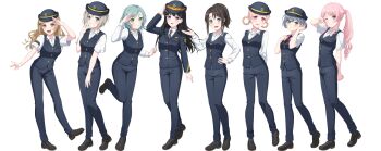 6+girls :3 =_= aoba_moca aqua_hair arm_up asahi_rokka bang_dream! bang_dream!_it&#039;s_mygo!!!!! black_hair black_hat black_pants black_vest blue_eyes blue_hair braid braided_hair_rings brown_hair bush chihaya_anon green_eyes grey_eyes grey_hair hair_between_eyes hair_ornament hair_rings hat highres hikawa_hina hiromachi_nanami ichigaya_arisa japan_railways kanade_(kanade_3344) long_hair long_sleeves looking_at_another medium_hair multiple_girls necktie official_art okusawa_misaki one_eye_closed open_mouth pants pink_hair ponytail red_necktie shirt short_hair short_sleeves side_braids simple_background sweatdrop transparent_background v v_over_eye vest white_shirt x_hair_ornament