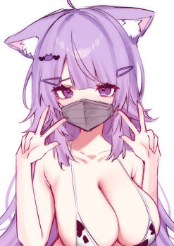 1girl ahoge animal_ear_fluff animal_print bikini breasts cleavage closed_mouth commentary_request cow_print cow_print_bikini double_v hair_ornament hairpin highres hololive large_breasts long_hair looking_at_viewer mask mouth_mask nekomata_okayu print_bikini purple_eyes purple_hair saka_x_x solo swimsuit v very_long_hair virtual_youtuber white_bikini