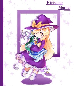 1girl absurdres bow character_doll character_name chinese_commentary commentary_request crescent crescent_hat_ornament doll dress frilled_dress frills full_body gloves hair_bow hair_over_one_eye hat hat_bow hat_ornament highres hugging_doll hugging_object kirisame_marisa kirisame_marisa_(pc-98) long_hair long_sleeves looking_at_viewer mima_(touhou) phantasmagoria_of_dim.dream purple_bow purple_dress purple_hat solo star_(symbol) touhou touhou_(pc-98) very_long_hair wand white_background white_gloves witch_hat wu_yu_wanwan
