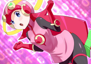 1girl black_bodysuit blonde_hair blush bodysuit gloves helmet highres long_hair looking_at_viewer mayl_sakurai_(mega_man) mega_man_(series) mega_man_battle_network_(series) netnavi open_mouth pink_helmet roll.exe_(mega_man) solo toku_sonchou