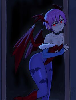 1girl absurdres against_wall animal_print bare_shoulders bat_print bat_wings black_choker blue_pantyhose breasts bridal_gauntlets choker clothing_cutout darkstalkers demon_girl diamond_cutout dim_lighting doorway head_wings highres large_breasts leaning_forward leotard lilith_(darkstalkers) o-ring o-ring_choker pantyhose print_pantyhose purple_hair red_eyes red_leotard seductive_gaze seductive_smile short_hair smile solo watcher_hollow wings
