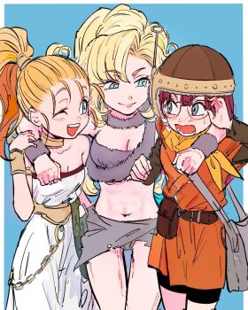 3girls adjusting_eyewear amakekke arm_around_shoulder ayla_(chrono_trigger) bag bare_shoulders bike_shorts black_shorts blonde_hair blue_background blue_eyes blunt_bangs blush border breasts brown_shirt cavewoman chrono_trigger cleavage closed_mouth cowboy_shot crop_top curly_hair fur_scarf glasses gold_choker grey_background grey_shirt grey_skirt headset helmet long_hair lucca_ashtear marle_(chrono_trigger) medium_breasts microskirt midriff multiple_girls navel neckerchief one_eye_closed open_mouth orange_tunic ponytail purple_hair romper shirt short_hair shorts shoulder_bag skirt smile strapless sweatdrop tube_top tunic white_border white_romper yellow_neckerchief