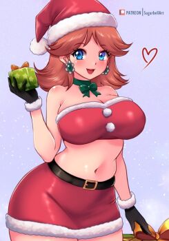 1girl belt black_belt black_gloves blue_eyes blush bow breasts brown_hair christmas christmas_present cleavage earrings flower_earrings fur-trimmed_gloves fur-trimmed_headwear fur-trimmed_shirt fur-trimmed_skirt fur_trim gift gloves green_bow green_ribbon hat heart holding holding_gift jewelry large_breasts long_hair looking_at_viewer mario_(series) midriff navel neck_ribbon nintendo open_mouth pom_pom_(clothes) princess_daisy purple_background red_hat red_shirt red_skirt ribbon santa_costume santa_hat shirt skirt smile snow snowing standing star_(symbol) strapless sugarbell tube_top winter