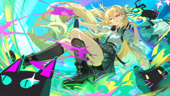 1girl absurdres aqua_necktie black_shoes black_shorts black_skirt black_socks blonde_hair braid braided_bangs breasts chinese_commentary colorful_background commentary_request earrings grin hair_between_eyes hair_ornament hand_up highres holding holding_spray_can id_card jacket jewelry liwen520 long_hair lynae_(wuthering_waves) medium_breasts necktie outstretched_arm partial_commentary purple_eyes shirt_tucked_in shoes shorts shorts_under_skirt skirt skull_hair_ornament smile socks solo spray_can star_(symbol) star_earrings tacet_mark_(wuthering_waves) very_long_hair white_jacket wuthering_waves