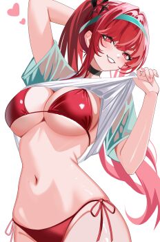 1girl absurdres bikini black_choker blue_hairband breasts choker clothes_lift come_hither commentary goddess_of_victory:_nikke hairband heart highres large_breasts lifting_own_clothes long_hair navel official_alternate_costume official_alternate_hairstyle rapi_(nikke) rapi_(red_hood)_(nikke) rapi_(red_hood)_(red_flavor)_(nikke) red_bikini red_eyes red_hair shirt shirt_lift sideboob simple_background smile solo stomach swimsuit underboob velmillix very_long_hair wet wet_clothes wet_shirt white_background white_shirt