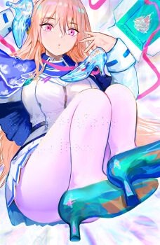 1girl absurdres blonde_hair blue_capelet blue_shoes blush breasts capelet commentary_request convenient_leg full_body hair_between_eyes hands_up heaven_burns_red high_heels highres holding holding_shoes holding_unworn_clothes knees_up large_breasts long_hair long_ribbon long_sleeves miniskirt oyama_sou pantyhose parted_lips pink_eyes pink_ribbon pleated_skirt ribbon shirakawa_yuina shirt shoes sitting skirt solo thighs tsurime twitter_username unworn_shoes very_long_hair white_pantyhose white_shirt white_skirt