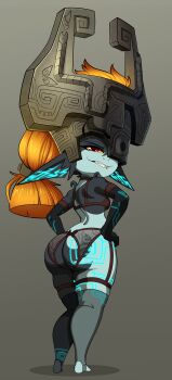 1girl 2024 absurdres alternate_costume arm_tattoo ass ass_cutout ass_tattoo backless_panties black_bra black_gloves black_skin black_thighhighs blue_skin bra breasts butt_crack clothing_cutout collarbone colored_sclera colored_skin commentary contrapposto elbow_gloves english_commentary fang fang_out female_focus full_body garter_belt garter_straps gloves glowing glowing_tattoo gradient_background grey_background grin half-closed_eyes hands_on_own_hips helmet highres huge_ass kneepits leg_tattoo lingerie long_image midna multicolored_skin nintendo one_eye_covered orange_hair panties pinup_(style) pointy_ears ponytail red_eyes seductive_smile shadow sideboob simple_background smile solo standing stirrup_legwear tall_image tattoo the_legend_of_zelda the_legend_of_zelda:_twilight_princess thick_thighs thighhighs thighs toeless_legwear two-tone_skin underwear wheatly101 wide_hips yellow_sclera