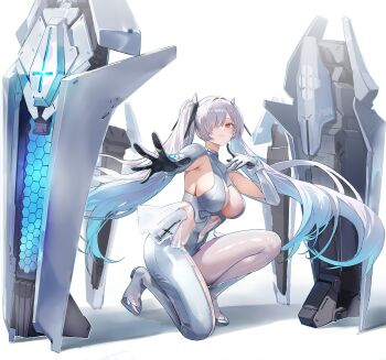 1girl armpit_cutout black_gloves bodysuit breasts cinderella_(nikke) closed_mouth clothing_cutout commentary covered_navel full_body gloves goddess_of_victory:_nikke grey_bodysuit grey_gloves grey_hair hair_between_eyes hair_intakes hair_over_one_eye highres large_breasts long_hair looking_at_viewer navel_cutout on_one_knee red_eyes rigging see-through_bodysuit see-through_cleavage see-through_clothes see-through_skirt shadow sidelocks simple_background skirt solo tiaogeng twintails very_long_hair white_background