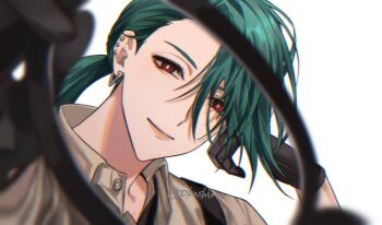 00kashian00 1girl androgynous black_gloves blurry commentary_request ear_piercing earrings gloves green_hair highres holding holding_removed_eyewear jewelry nintendo piercing pokemon pokemon_sv ponytail pov red_eyes reverse_trap rika_(pokemon) solo suspenders twitter_username unworn_eyewear