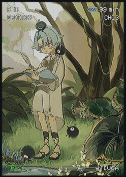 1boy aged_down animal animal_on_head animal_on_shoulder beak bird bird_on_head bird_on_shoulder black_sandals black_vest blue_flower blue_hair book branch commentary_request day dottore_(genshin_impact) dress flower full_body genshin_impact gown grass hair_between_eyes hands_up highres holding holding_book holding_quill kingyo_(nyankomanjyuu15) leaf long_sleeves looking_at_object looking_down male_focus mountain on_head open_book open_mouth outdoors quill reading red_eyes sandals scenery shirt short_hair shorts sky solo standing tree vest vhs_artifacts white_gown white_shirt white_shorts white_sky wide_sleeves writing yellow_flower